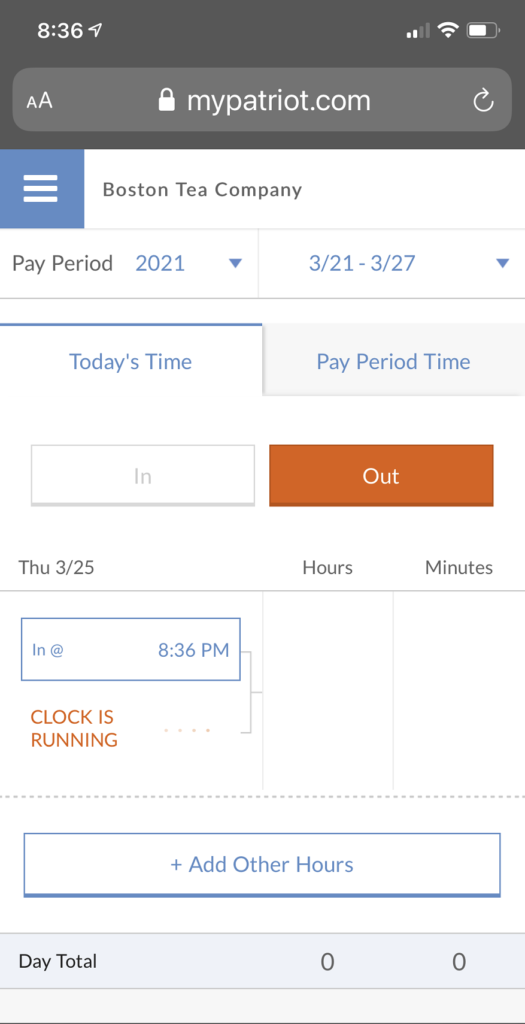 Employee time punch screen