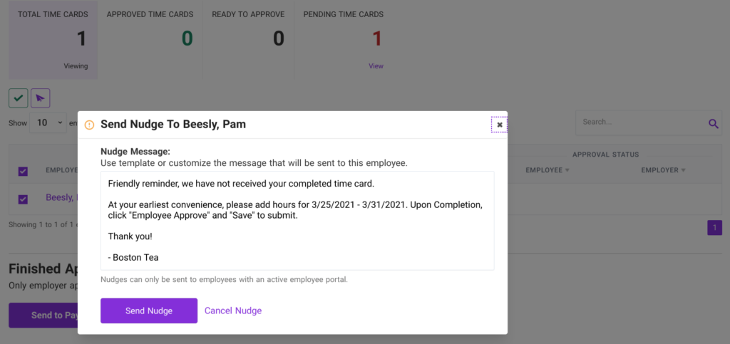 Send Nudge in Patriot's Time & Attendance software add-on.
