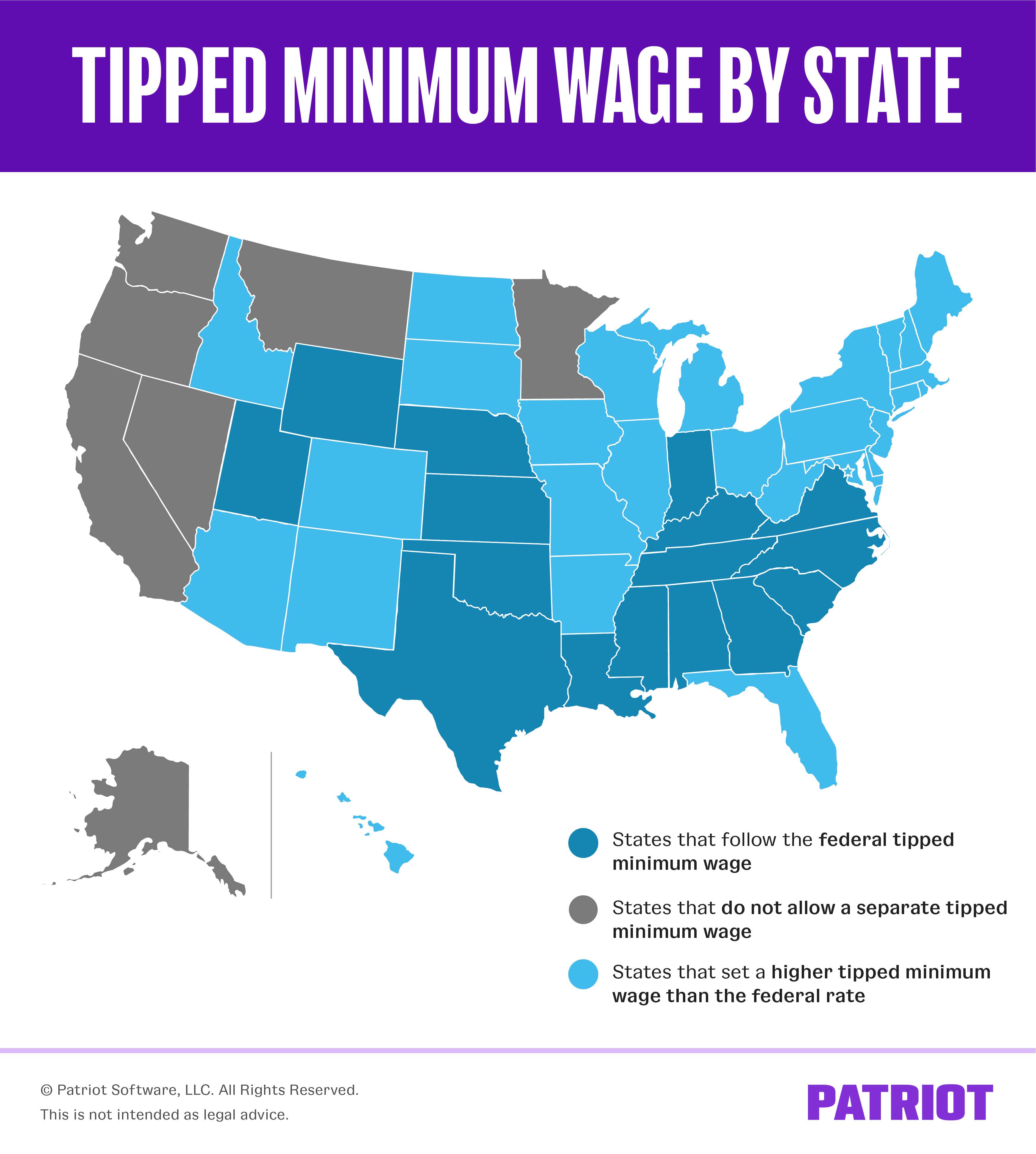 map of the United States, color coded to show states that follow the federal tipped minimum wage, states that don't allow a tipped minimum wage, and states that set their own tipped minimum wage