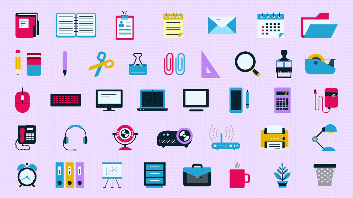 Mix of icons such as a laptop, headphones, books, and files on a purple background.