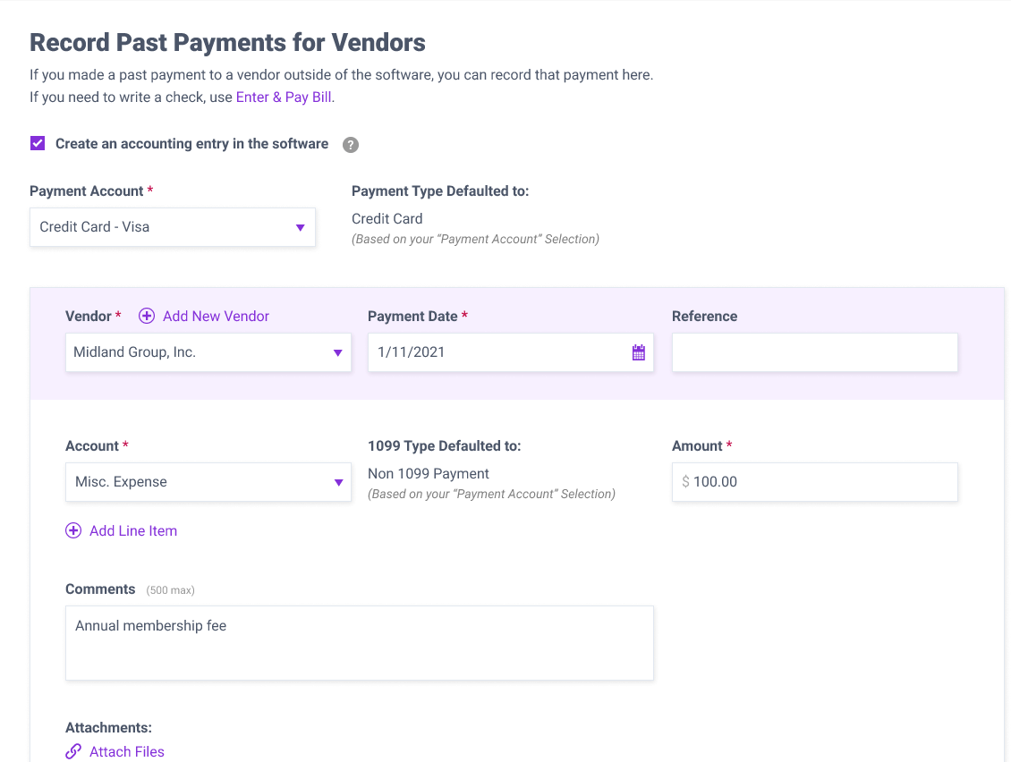Record past payments for vendors in Patriot Software screenshot