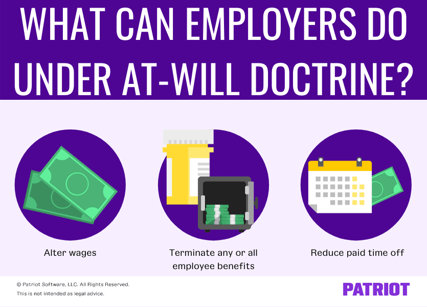 What can employers do under at-will doctrine: alter wages, terminate any or all employee benefits, reduce paid time off