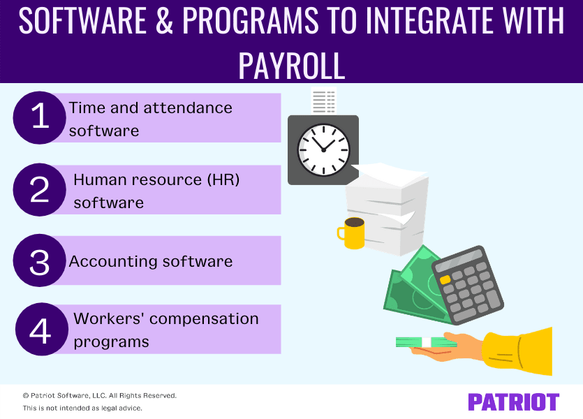 Software and programs to integrate with payroll include time and attendance software, human resource (HR) software, accounting software, and workers' compensation programs.