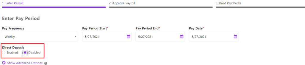 Screenshot of turning off direct deposit for one payroll