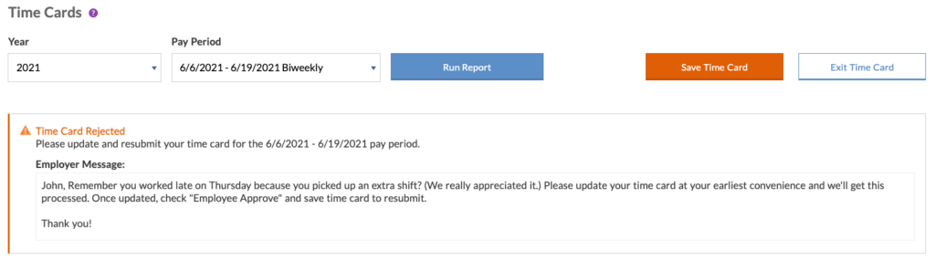 Time card rejection screenshot