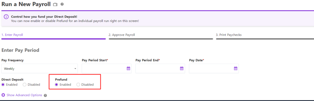 example of prefund enable/disable setting