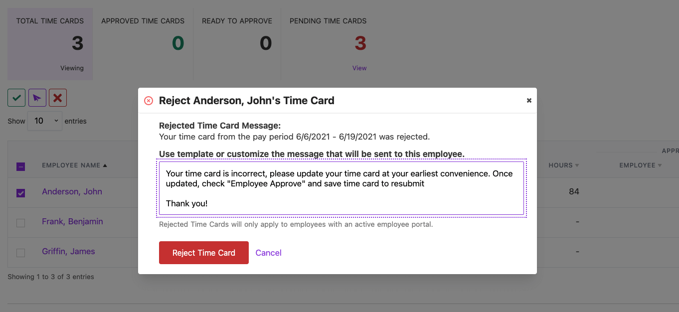 Timecard Rejection