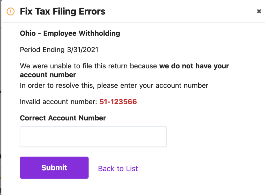 Fix tax filing errors: Input correct account number screenshot