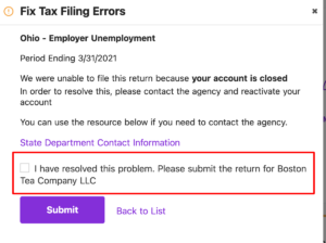 Fix tax filing errors: User must click button next to "I have resolved this problem. Please submit the return for Boston Tea Company LLC."