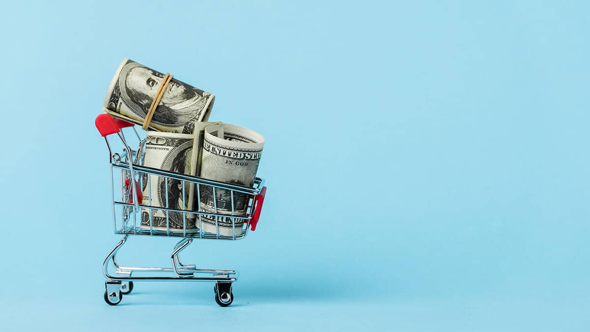 Tiny grocery cart with wads of $100 bills inside.