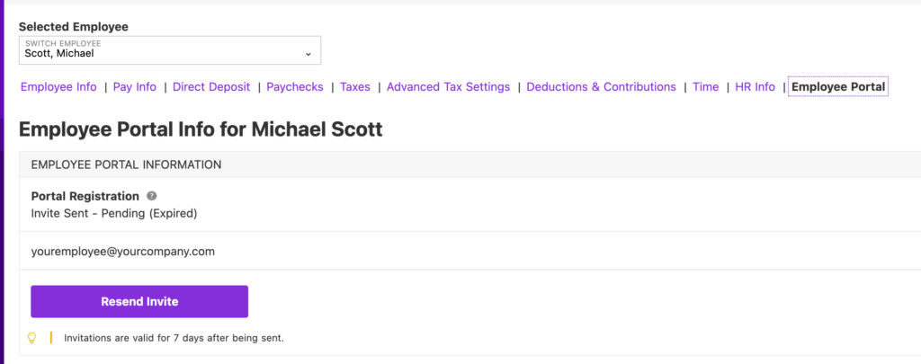 Screenshot showing how to resend an invitation to the employee portal in Patriot Software
