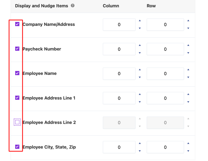 Display and nudge items list: company name/address, paycheck number, employee name, employee address line 1, employee address line 2, employee city state and zip