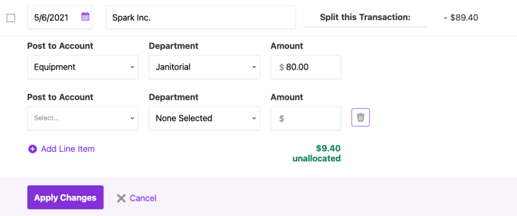 Split transaction example allocating part of the money to an expense account (equipment)