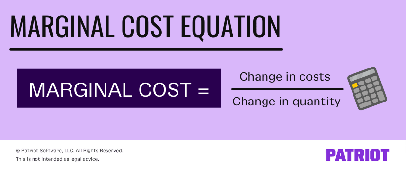 The marginal cost equation is that marginal cost equals change in costs divided by change in quantity.