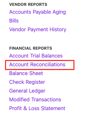 Screenshot showing where to find account reconciliations