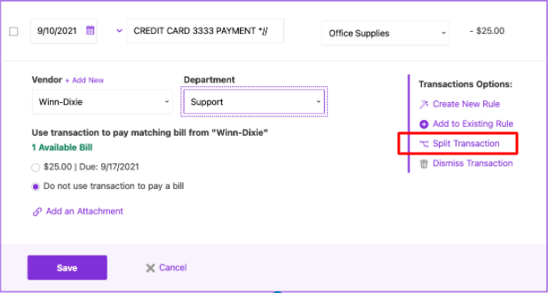 How to split transactions on the bank import screen: Screenshot