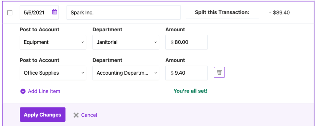 Split transaction example allocating the second part of the transaction to another expense account (office supplies)