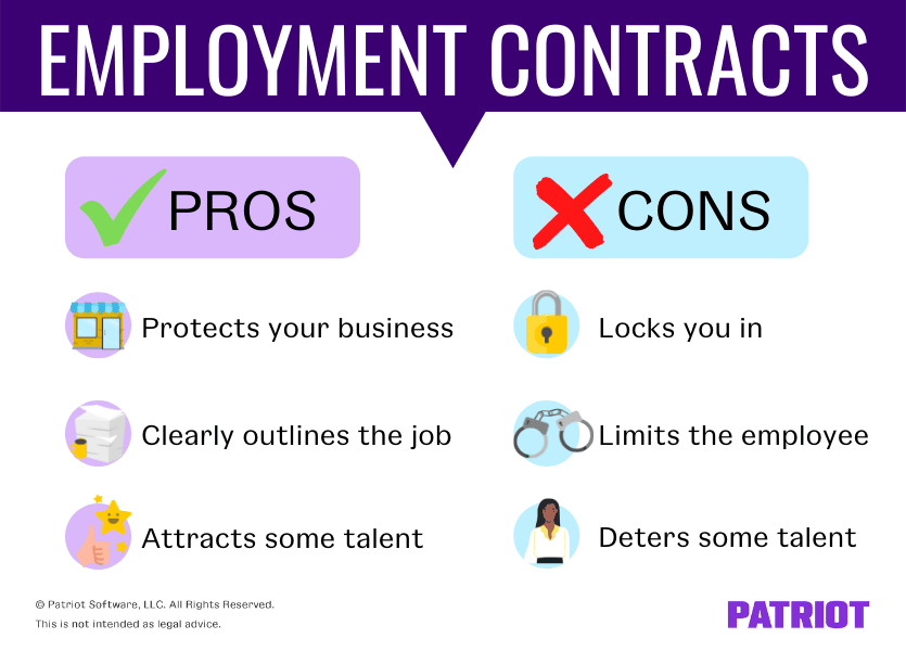 Employment contracts pros and cons. Pros: protects your business, clearly outlines the job, attracts some talent; Cons: locks you in, limits the employee, deters some talent