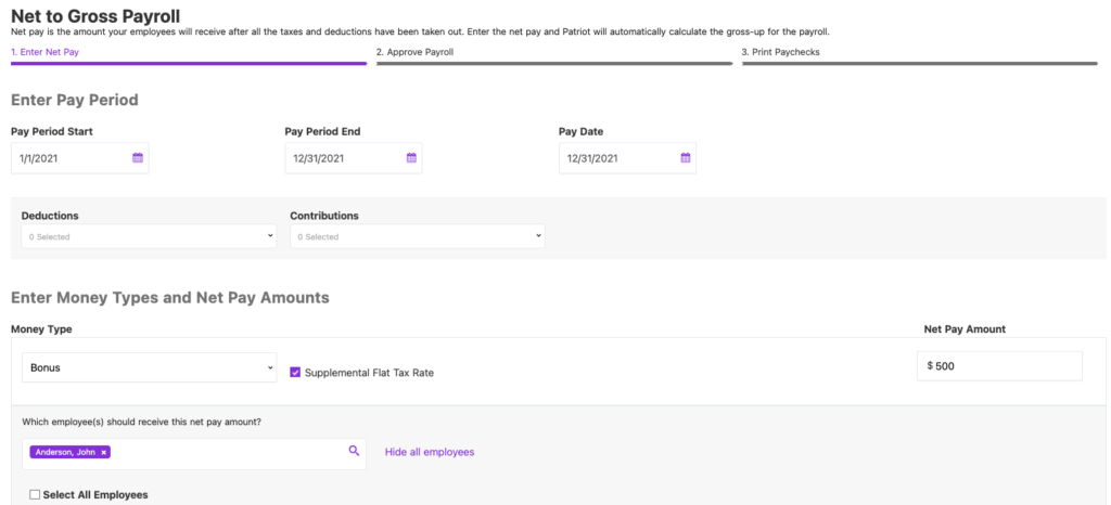 Screenshot of Patriot Software's Net to Gross Payroll tool