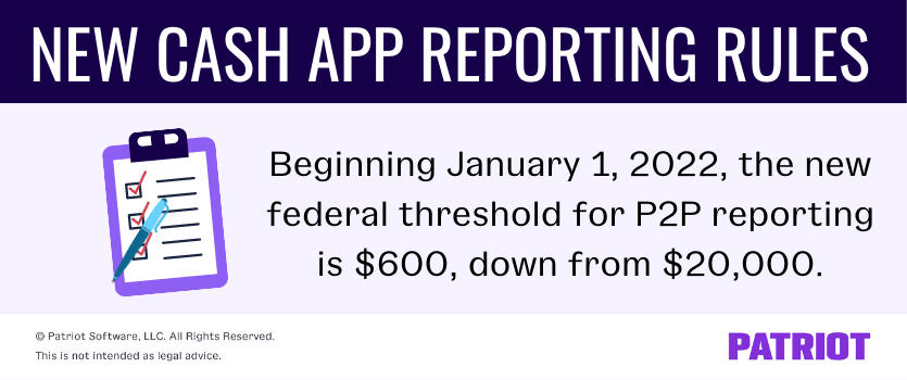 New cash app reporting rules: Beginning January 1, 2022, the new federal threshold for P2P reporting is $600, down from $20,000