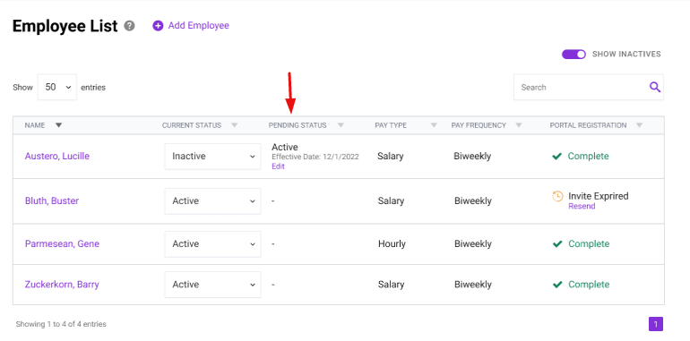 Employee pending status example