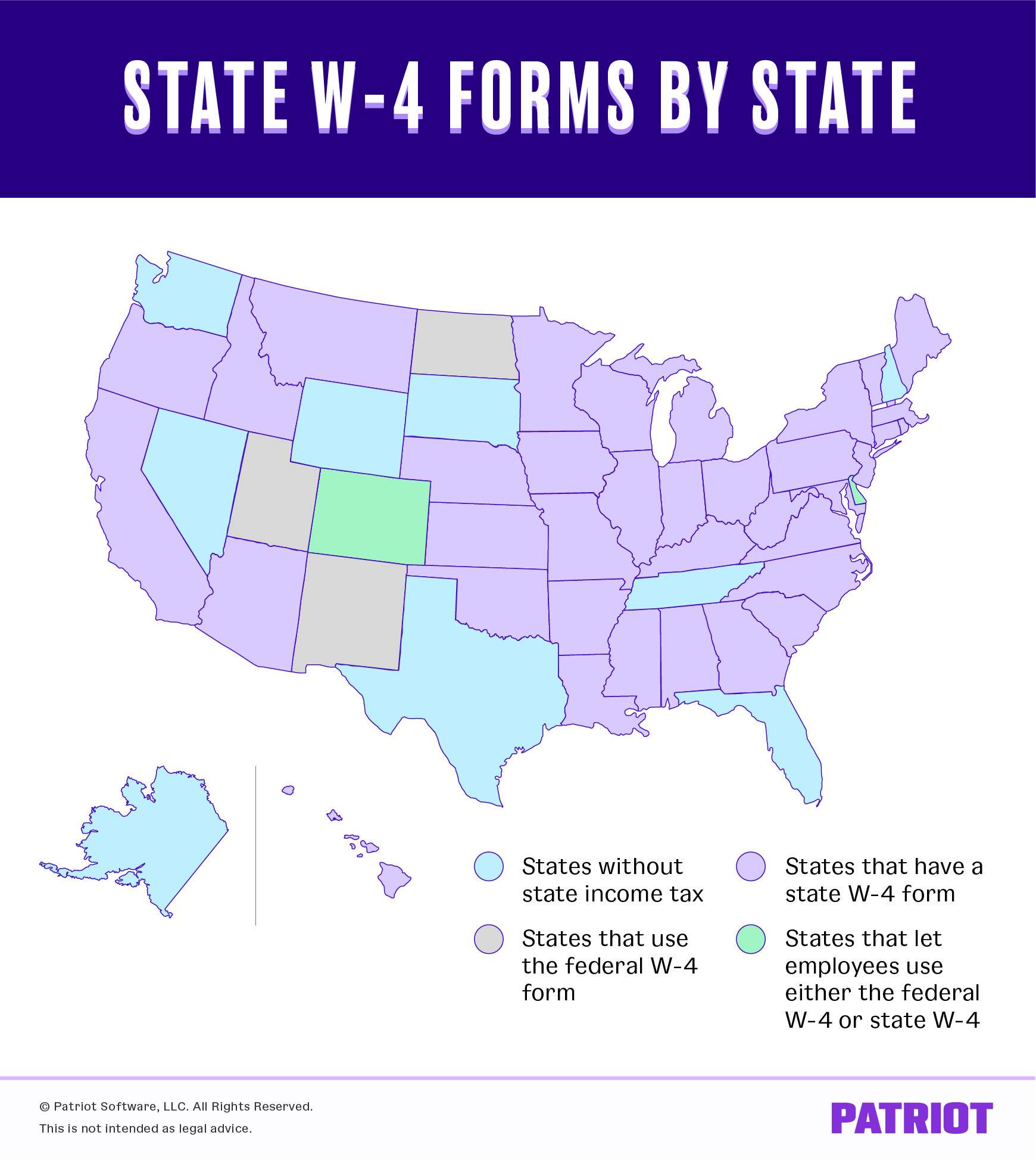 U.S. map showing states without state income tax, states that use the federal W-4 form, states that have a state W-4 form, and states that let employees use either the federal or state W-4 form