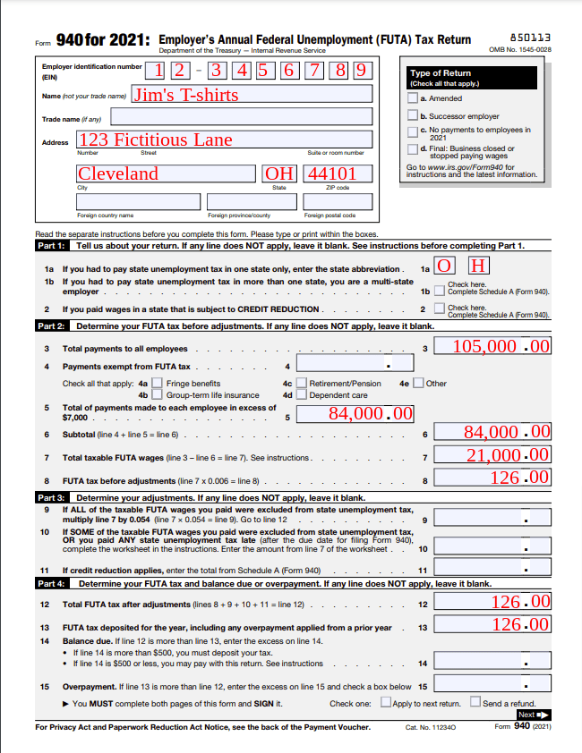Example of Form 940 completed with example information.