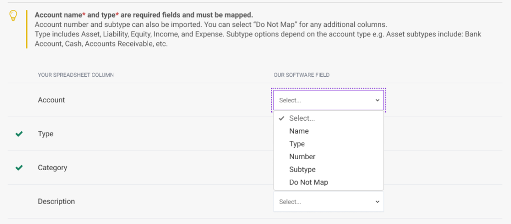 Screenshot showing how to map your spreadsheet columns to Patriot's software fields