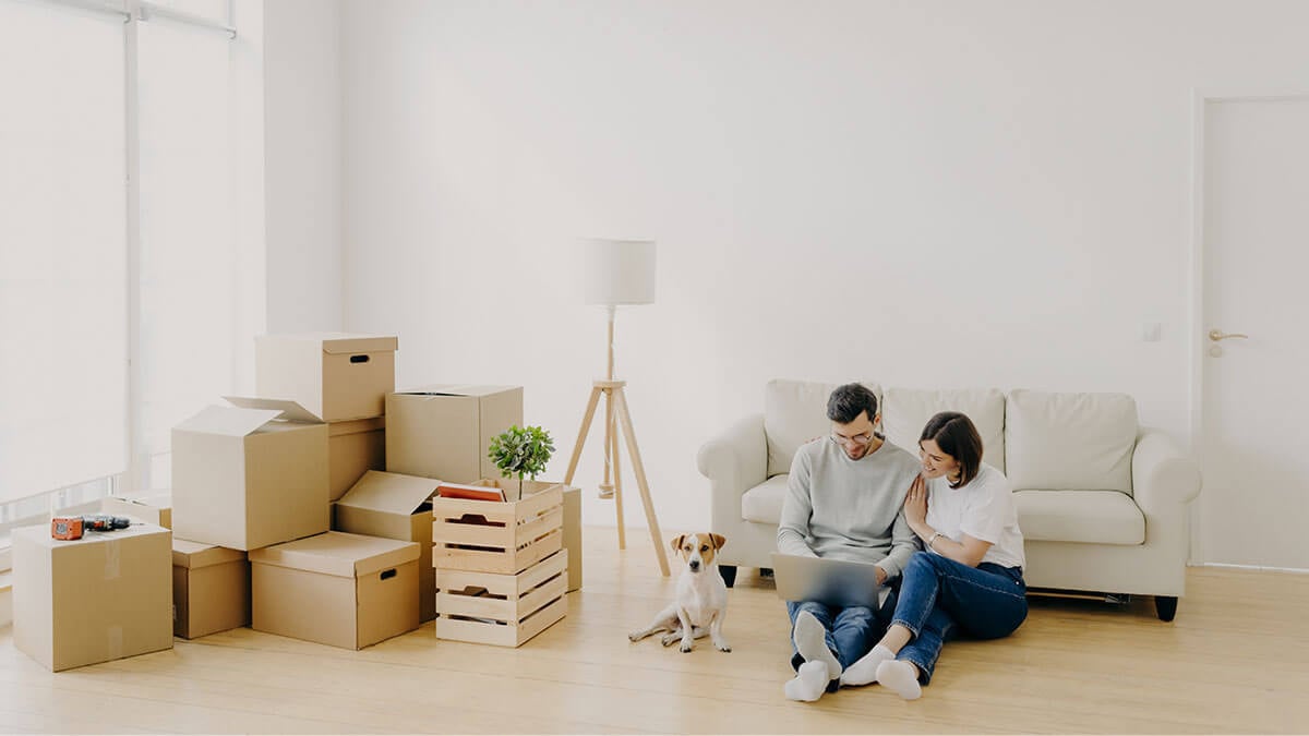 Recently relocated couple and dog surrounded by boxes.