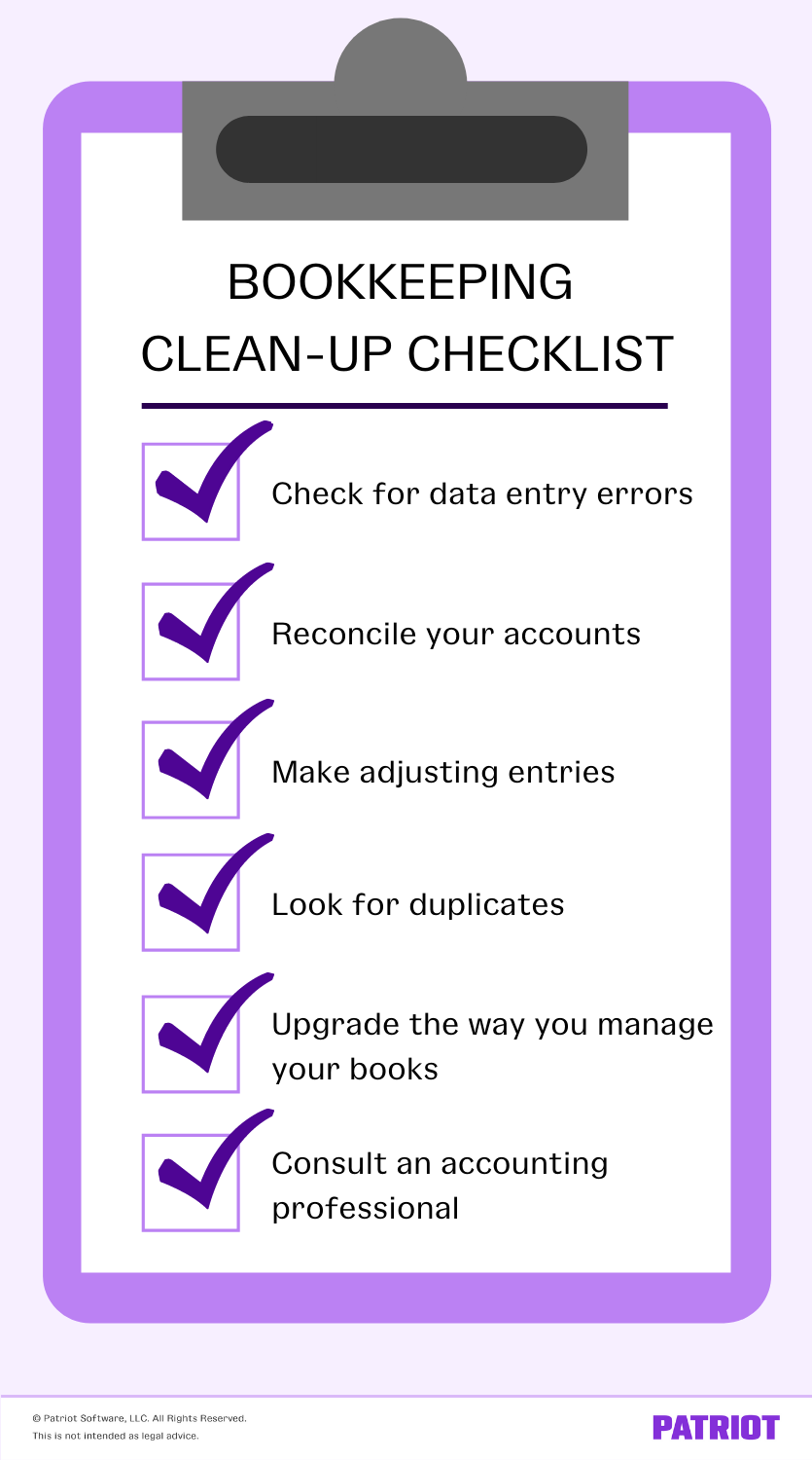 Bookkeeping clean-up checklist: Check for data entry errors, reconcile your accounts, make adjusting entries, look for duplicates, upgrade the way you manage your books, consult an accounting professional