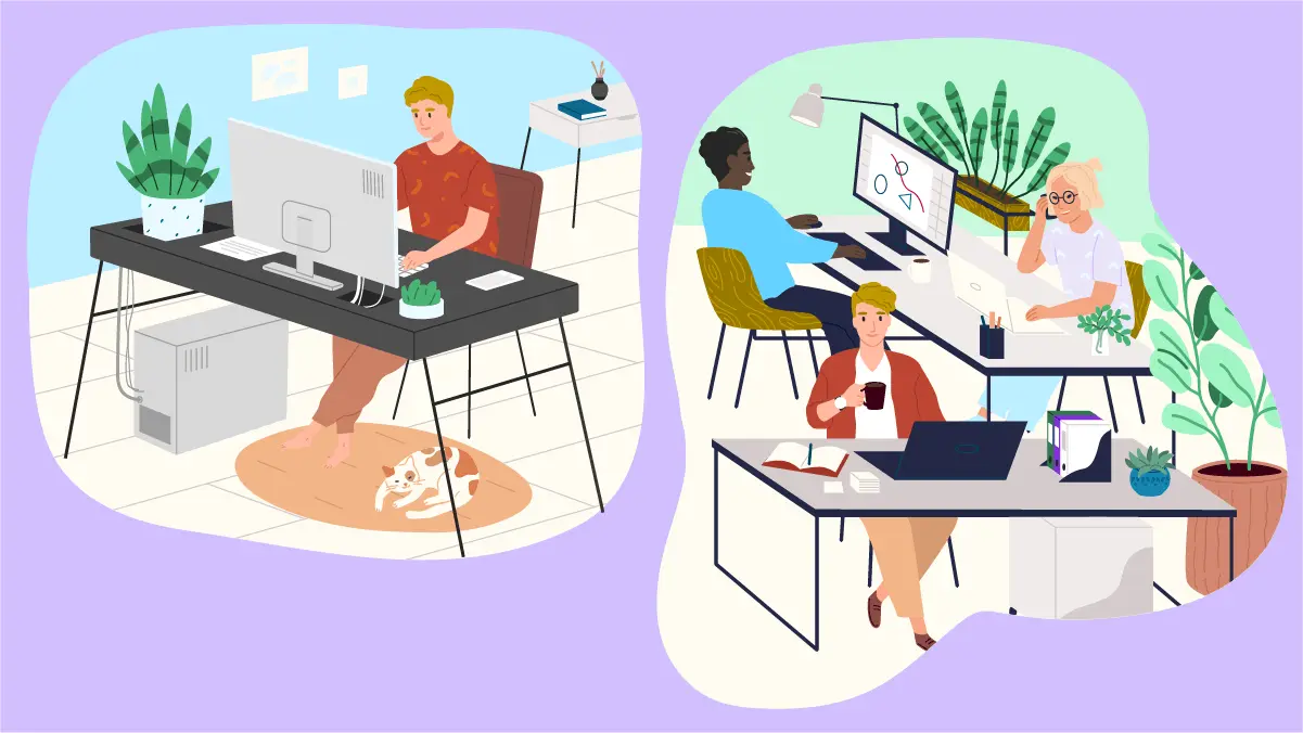 Illustrations showing a hybrid work policy in action