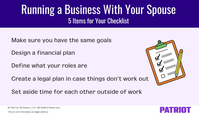 This graphic is titled "Running a business with your spouse: 5 items for your checklist." First, make sure you have the same goals. Second, design a financial plan. Third, define what your roles are. Fourth, create a legal plan in case things don't work out. Fifth, set aside time for each other outside of work. 