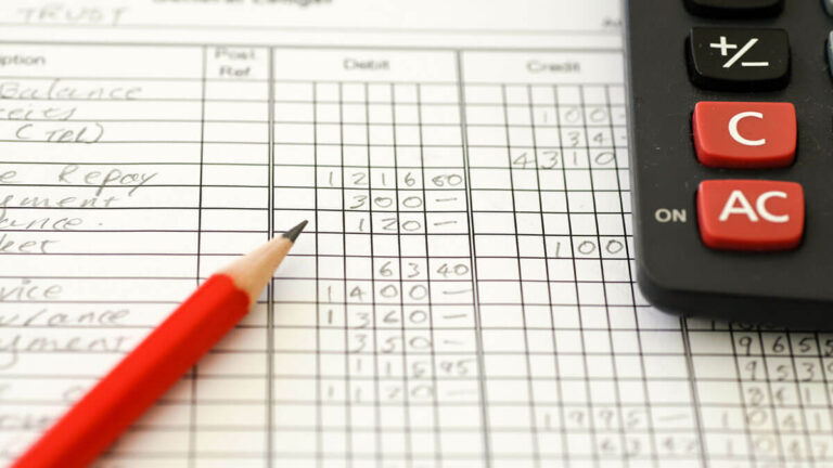 Ledger, pencil, and calculator.