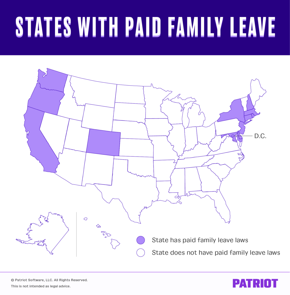 Map of the U.S. showing states with paid family leave
