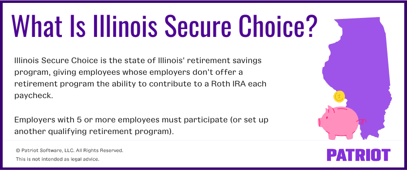 What is Illinois Secure Choice? Illinois Secure Choice is the state of Illinois' retirement savings program, giving employees whose employers don't offer a retirement program the ability to contribute to a Roth IRA each paycheck. Employers with 5 or more employees must participate (or set up another qualifying retirement program).