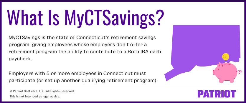 What is MyCTSavings? MyCTSavings is the state of Connecticut's retirement savings program, giving employees whose employers don't offer a retirement program the ability to contribute to a Roth IRA each paycheck. Employers with 5 or more employees in Connecticut must participate (or set up another qualifying retirement program).