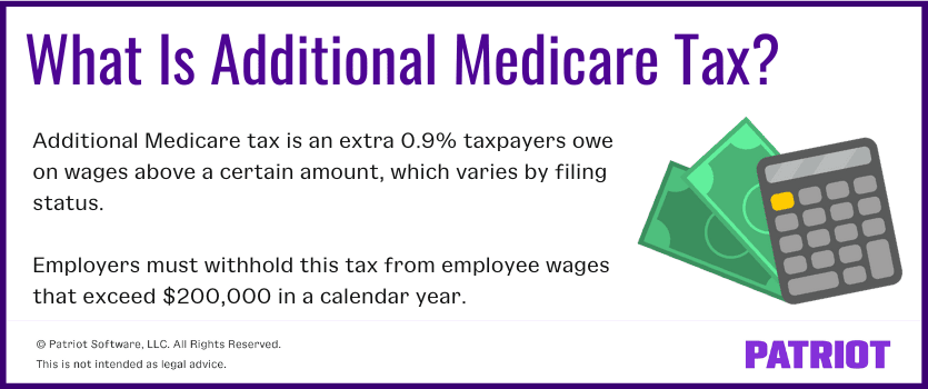 What is additional Medicare tax? Additional Medicare tax is an extra 0.9% taxpayers owe on wages above a certain amount, which varies by filing status. Employers must withhold this tax from employee wages that exceed $200,000 in a calendar year.