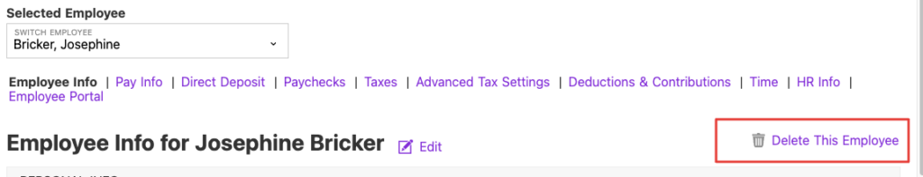 Screenshot showing how to delete an employee who was never paid