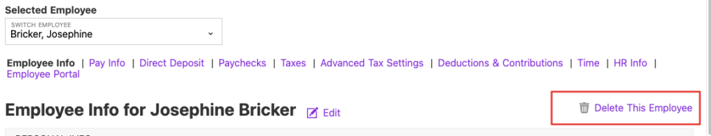 Screenshot showing how to delete an employee who was never paid 