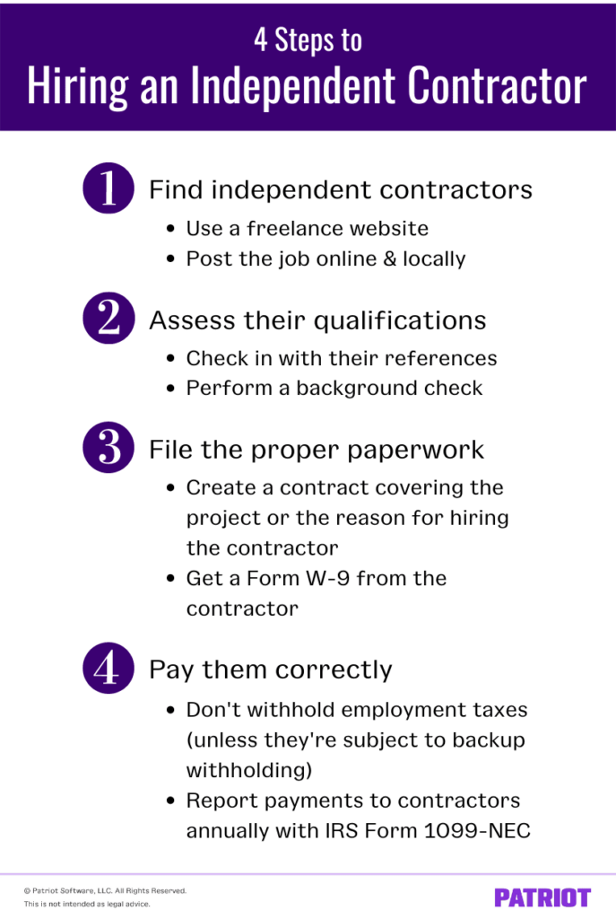 Four steps to hiring an independent contractor. 
One. Find independent contractors. Use a freelance website and post the job online and locally. 
Two. Assess their qualifications. Check in with their references and perform a background check.
Three. File the proper paperwork. Create a contract covering the project or the reason for hiring the contractor. Get a Form W-9 from the contractor. 
Four. Pay them correctly. Don't withhold employment taxes (unless they're subject to backup withholding). Report payments to contractors annually with IRS Form 1099-NEC