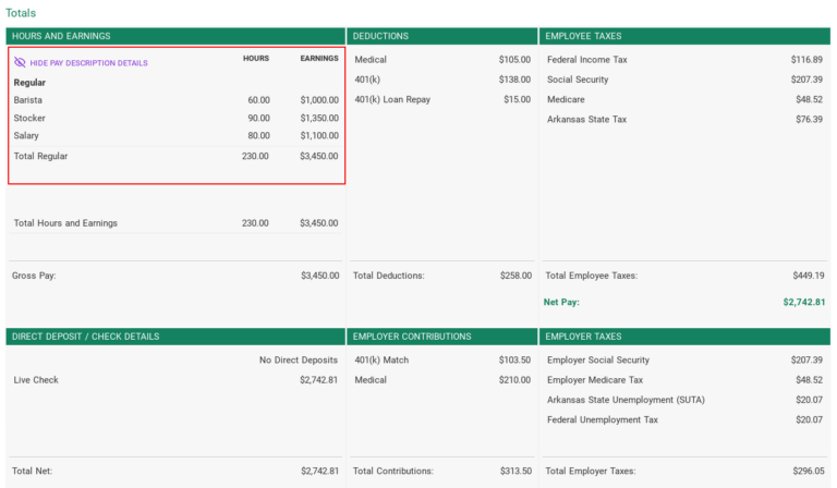 Patriot's Payroll Register report in the payroll software, emphasizing pay rate descriptions.