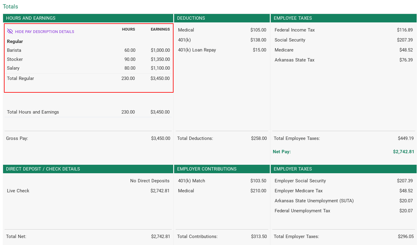 Patriot's Payroll Register report in the payroll software, emphasizing pay rate descriptions.