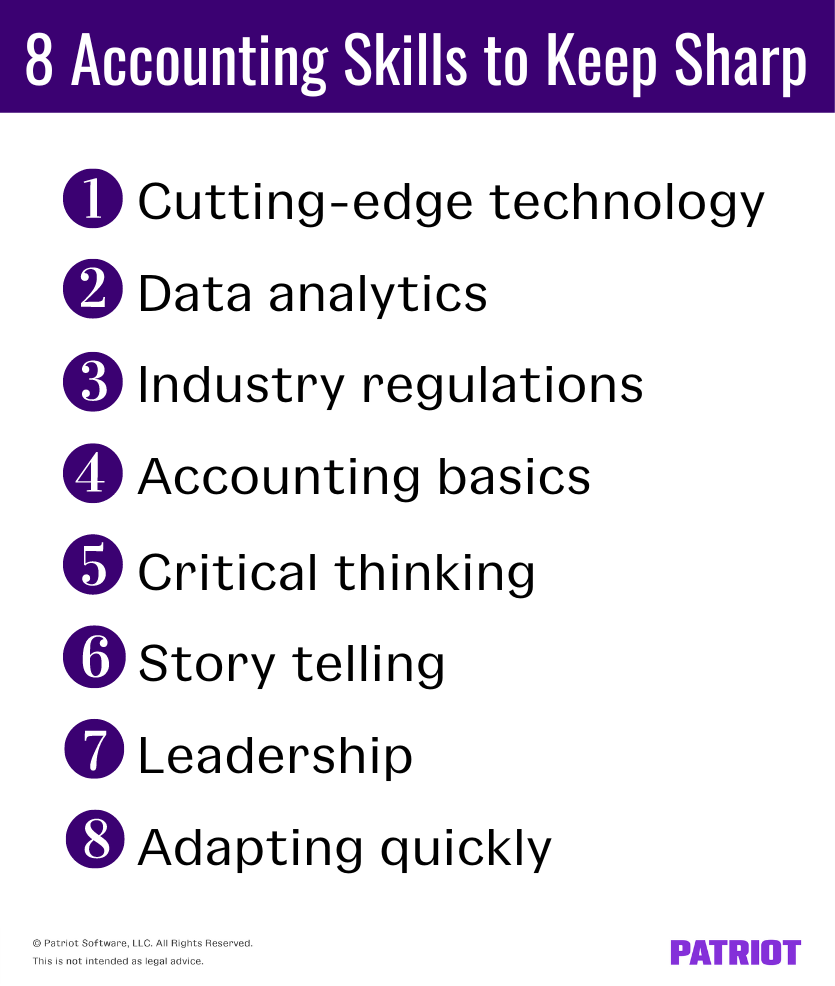 8 Accounting skills to keep sharp. 1 Cutting-edge technology. 2 Data analytics. 3 Industry regulations. 4 Accounting basics. 5 Critical thinking. 6 Story telling. 7 Leadership 8 Adapting quickly.