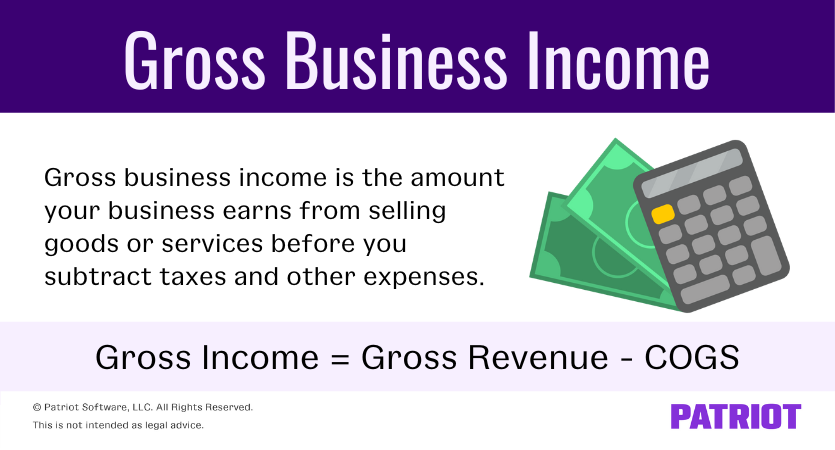 Gross business income is the amount your business earns from selling goods or services before you subtract taxes and other expenses. Gross income equals your gross revenue subtracted by cost of goods. 