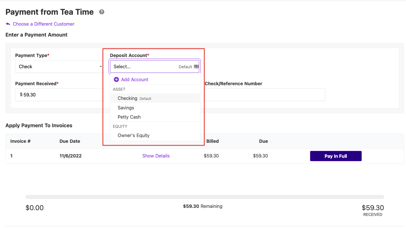 deposit account dropdown screenshot