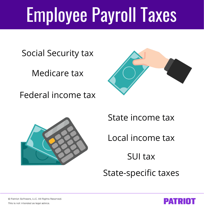 Employee payroll taxes: Social Security, Medicare, federal income, state income, local income, SUI, and state-specific taxes
