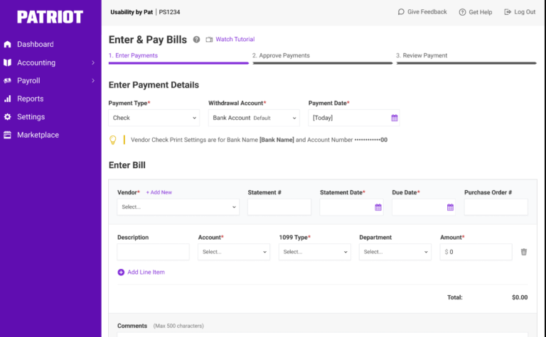 Enter & Bills page in Patriot Accounting Software