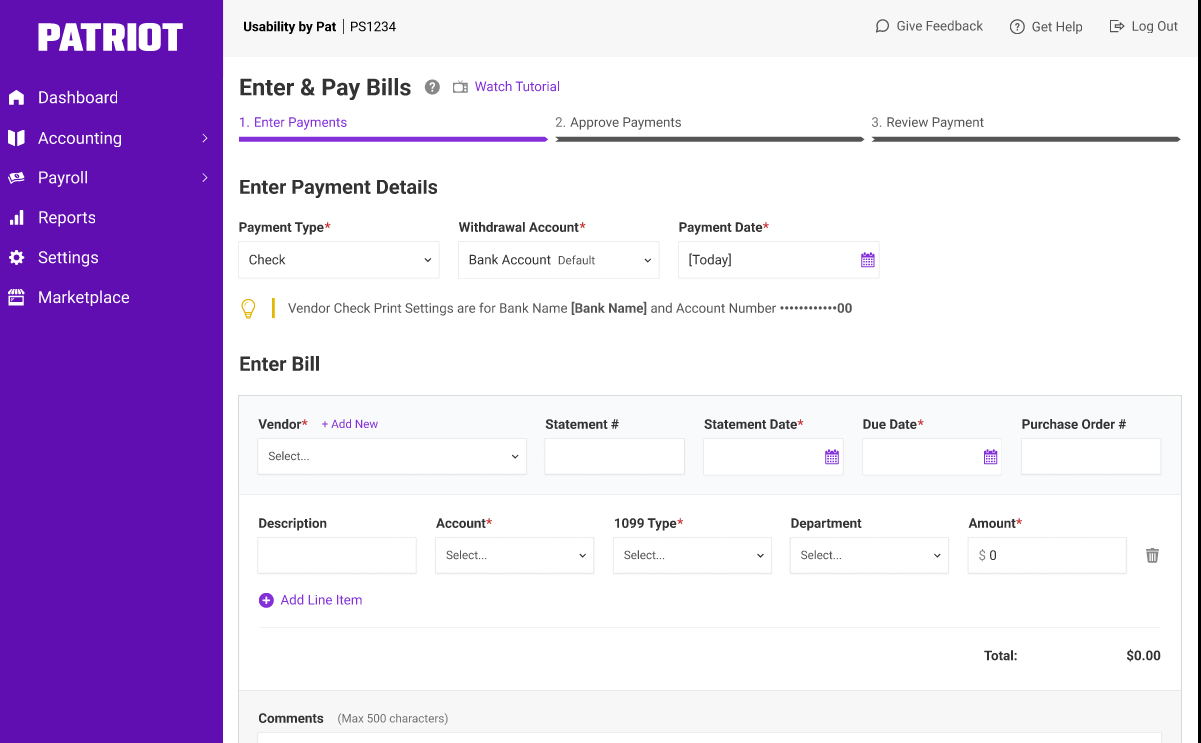 Enter & Bills page in Patriot Accounting Software