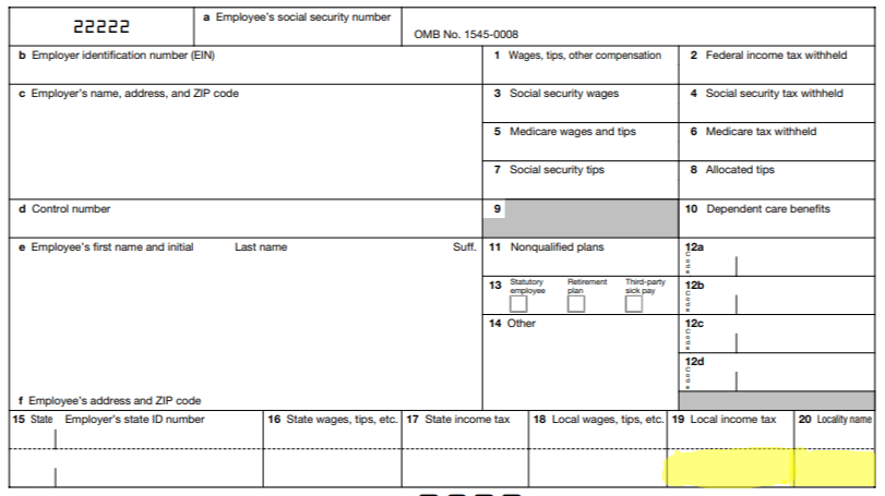 Form W-2 showing where to report local and school district taxes
