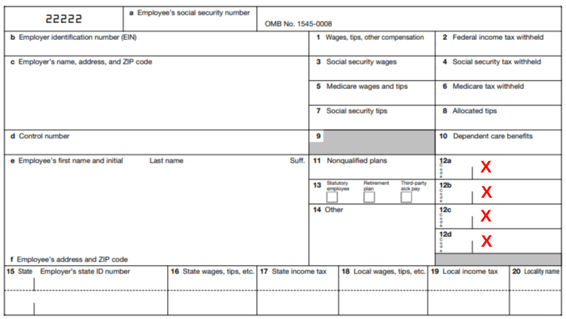 Form W-2 example highlighting Box 12